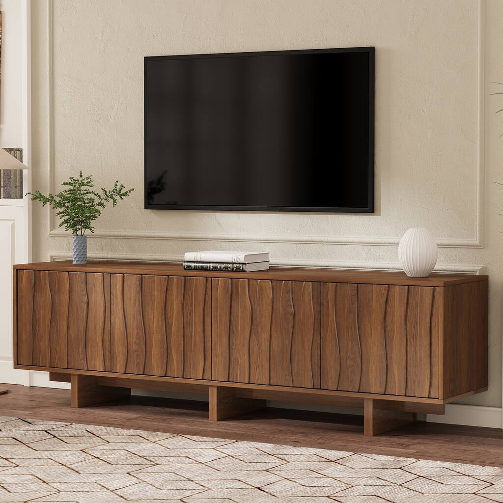 Vintage TV Stand for TVs up to 75", Wavy Door Design, Rustic Wood Media Console with Ample Storage & Cable Management