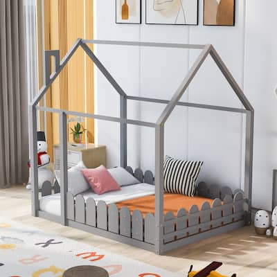 Full Size Wood House Bed Frame with Fence, Perfect for Kids' Play and Sleep Space