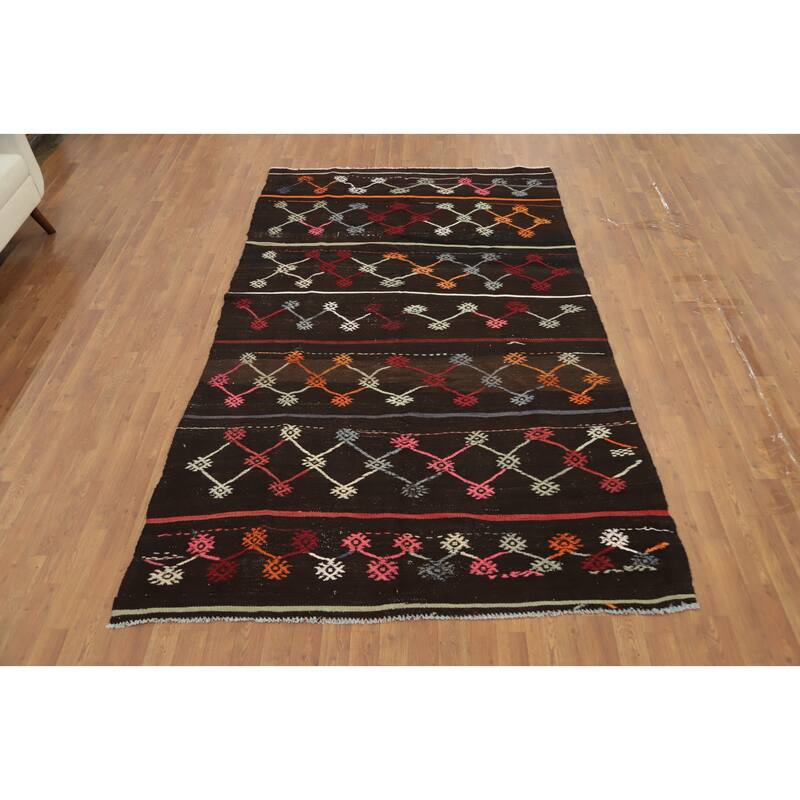 Hand Woven Oriental 100% Wool Carpet Southwestern Tribal Brown Kilim Area Rug - 9' 4'' X 5' 6''