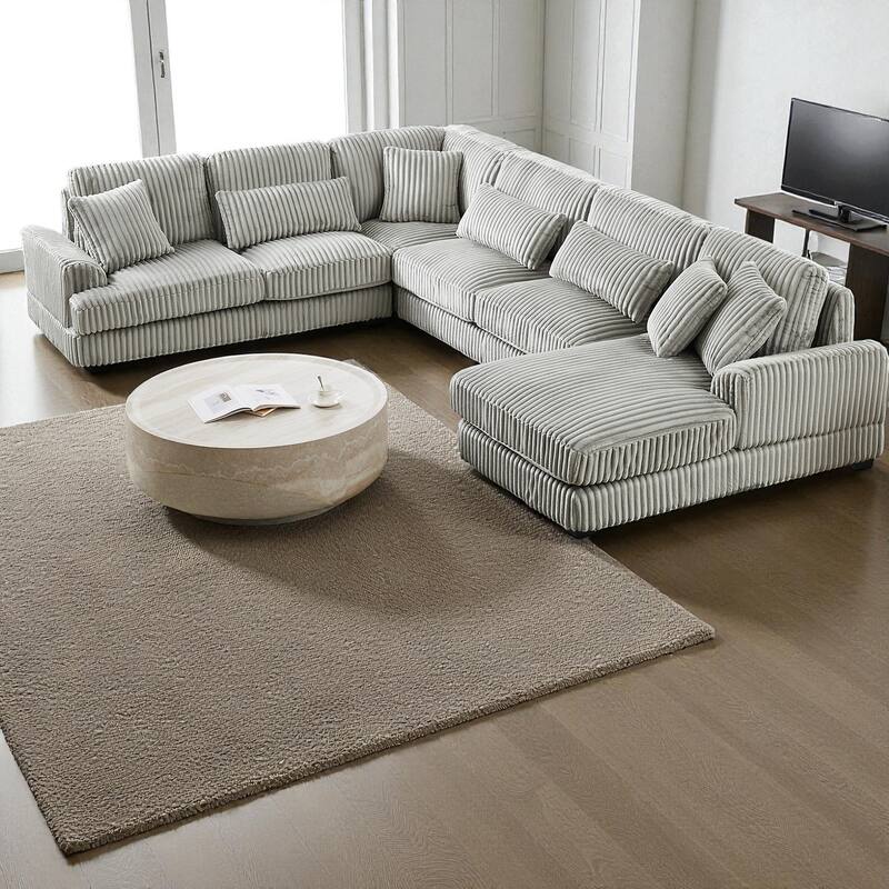 129" Oversized U-Shaped Sectional Sofa with Chaise Lounge, Soft Corduroy Upholstery and Pillows for Living Room