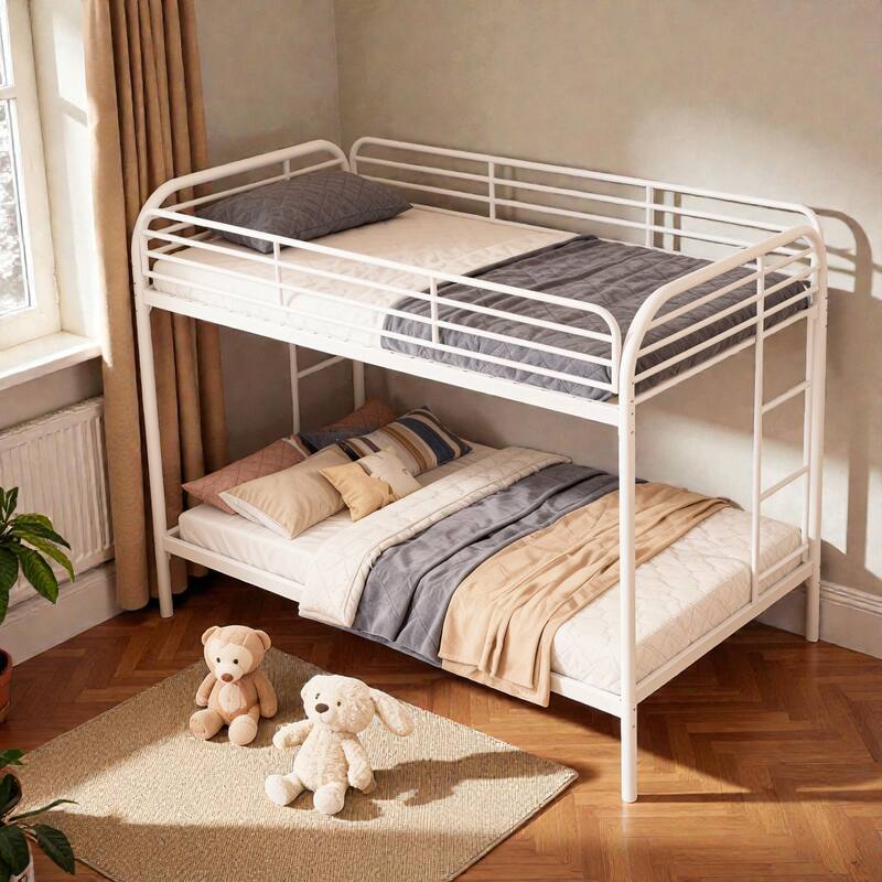 Metal Twin Over Twin Bunk Bed with 2 Ladders, Heavy-Duty Iron Frame, Full-Length Guardrails, No Box Spring Needed