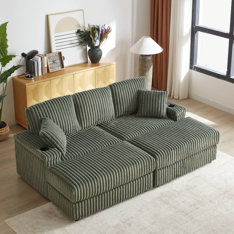 84" Corduroy Deep Seat Sofa Set with 5 Pillows for Livingroom 3-seater Storage Sofa with Ottoman and Cup-holding