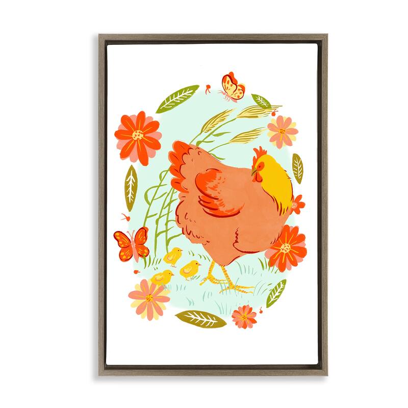 Stupell Hen & Chicks Circular Florals Framed Floater Canvas Wall Art Design By Hannah Moren - 17 x 25 - Brown