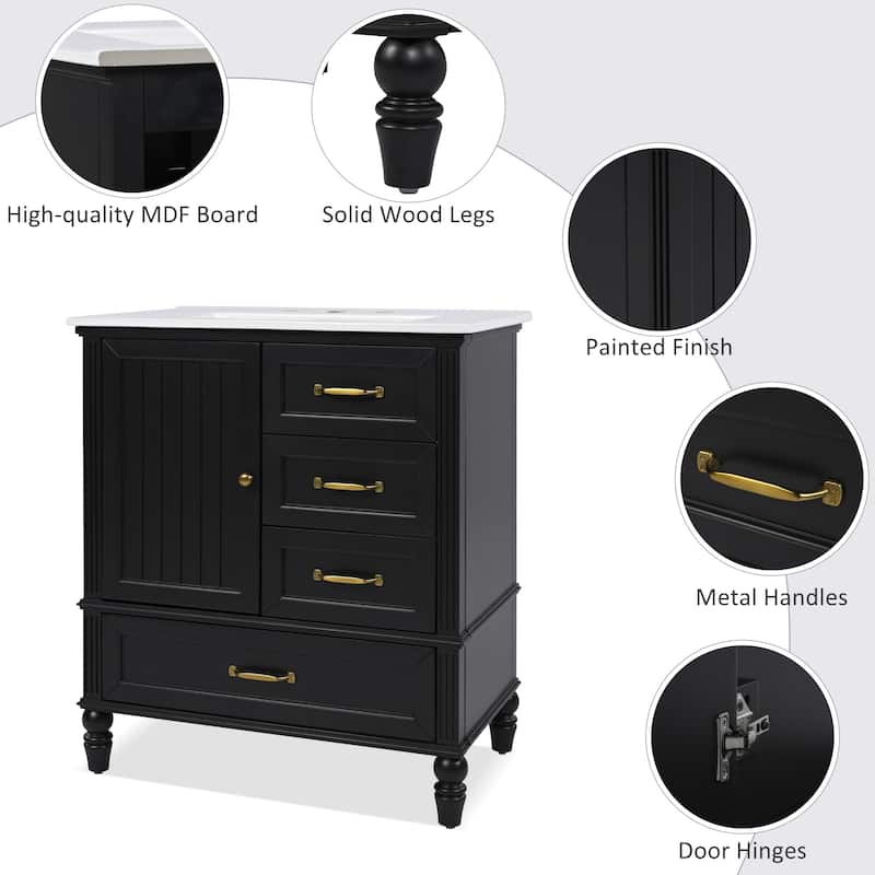 30" Bathroom Vanity with Sink, Freestanding Cabinet with 1 Door and 3 Drawers, Solid Wood Legs, MDF Structure, Soft-Close