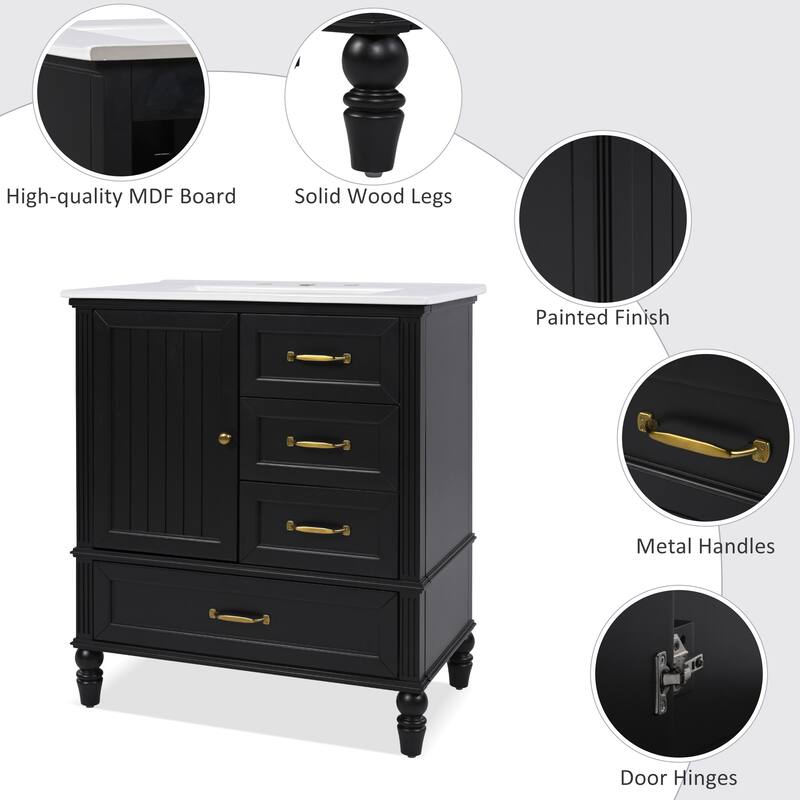 Modern Bathroom Vanity with Semilune Ceramic Sink, Storage Cabinet, and Adjustable Foot Pads - 30in L