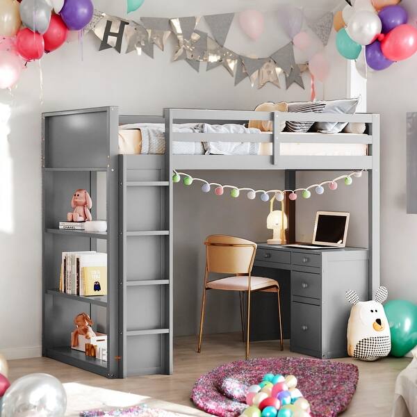 slide 2 of 18, Twin Size Loft Bed With Ladder,Shelves and Desk for Home Grey