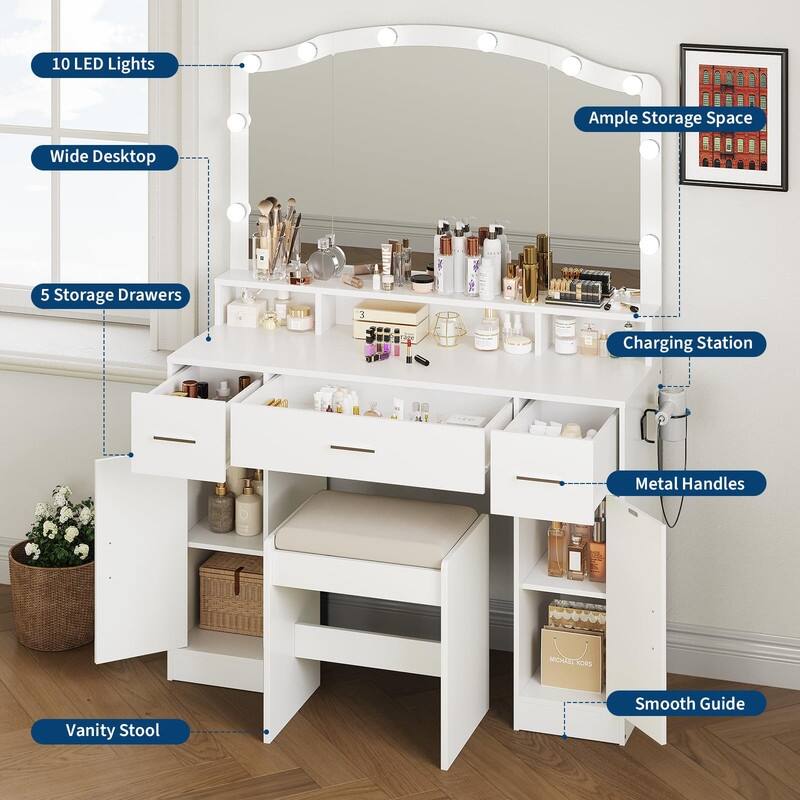 Makeup Vanity Desk with Mirror, Drawers, Cabinets, Charging Station, Stool