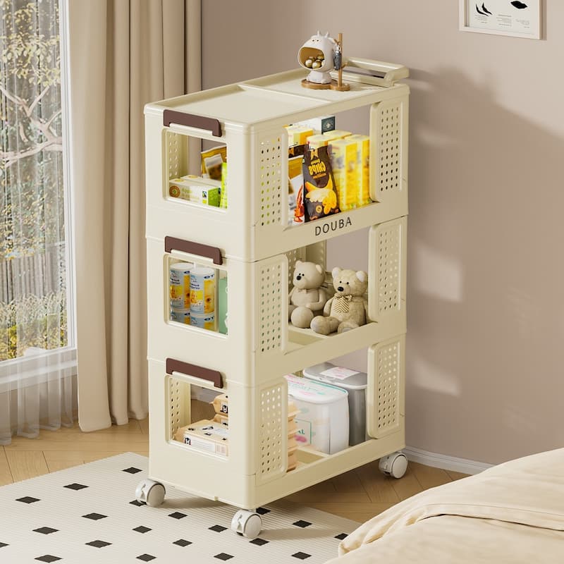 3-Tier Kitchen Storage Cart with Lockable Wheels - Cream Color - Kitchen Cart