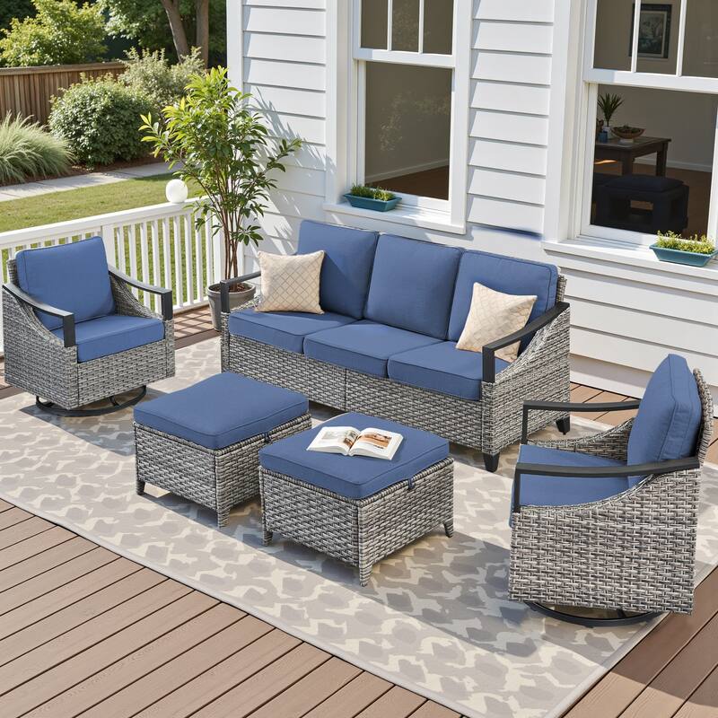 Pocassy 4-Piece Outdoor Patio Sofa Swivel Glider Chairs with Ottoman - Gray Wicker Blue Cushion - 4-Piece Sofa Swivel Chair with Ottoman