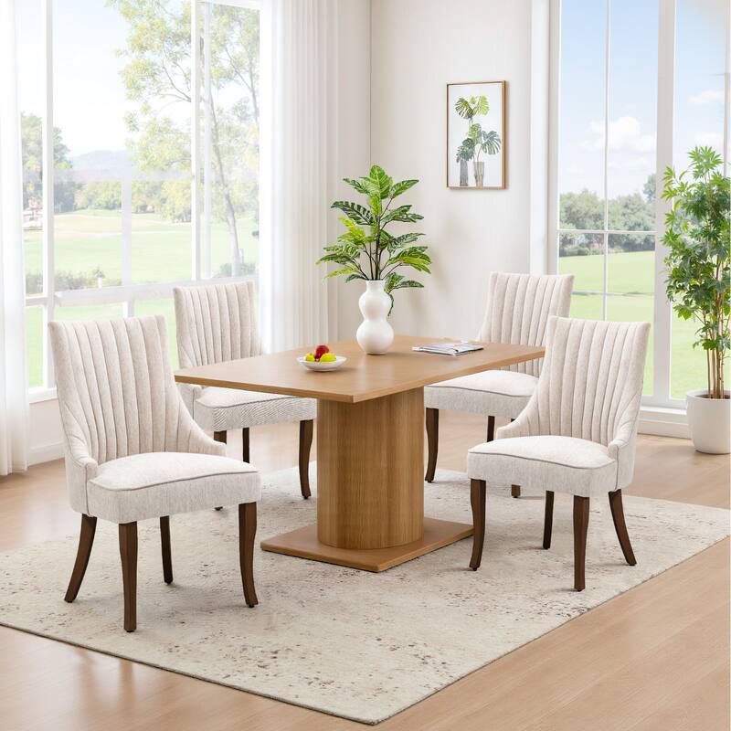 Vintage Linen Upholstered Dining Chairs Set of 2 with Channel Tufted Back & Solid Wood Legs