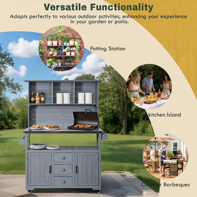 65''H Outdoor Potting Bench Garden Storage Table w/Lockable Wheels, Drawers, Cabinets & Side Hooks - N/A