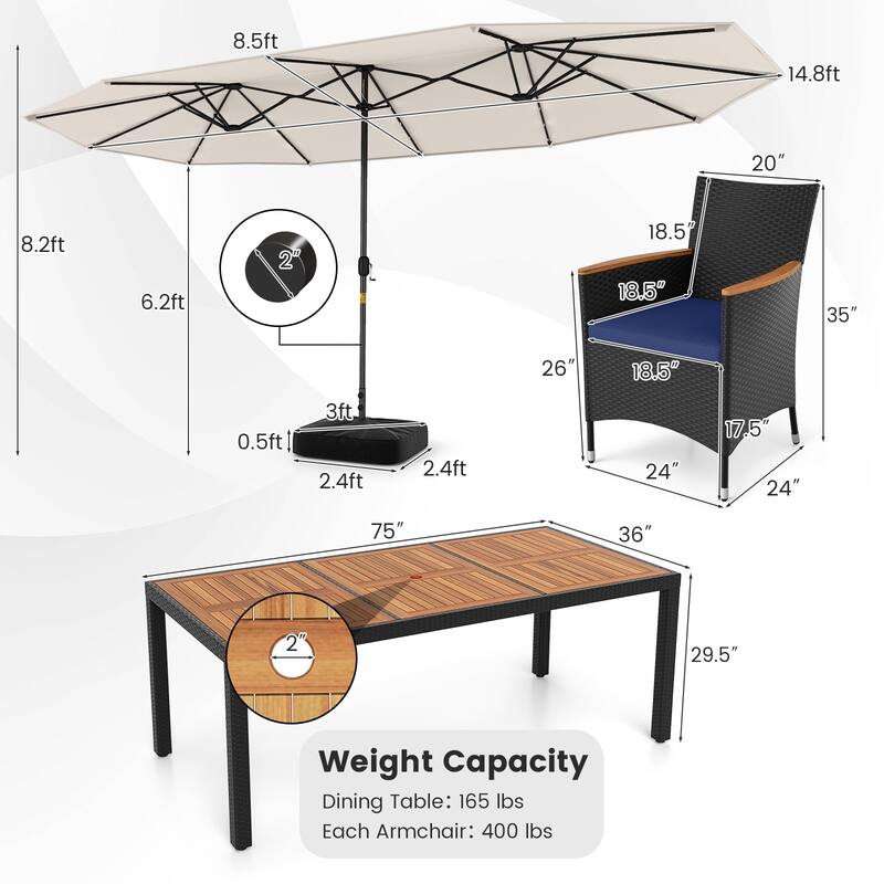 Gymax 11 PCS Patio Dining Set w/ 15ft Double-Sided Patio Umbrella