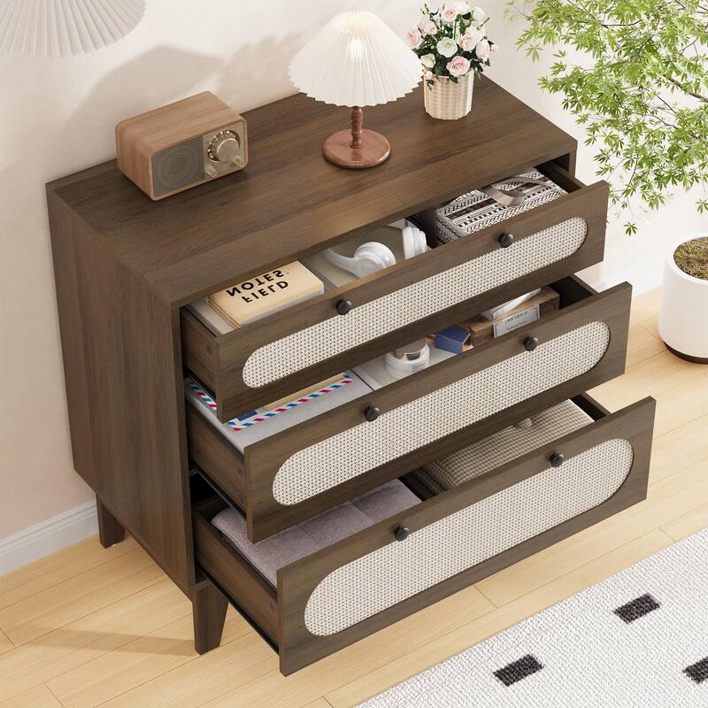 Rattan Drawer Dresser, 3 Wood Drawers Storage Cabinet Dresser for Bedroom, Living Room,Hallway
