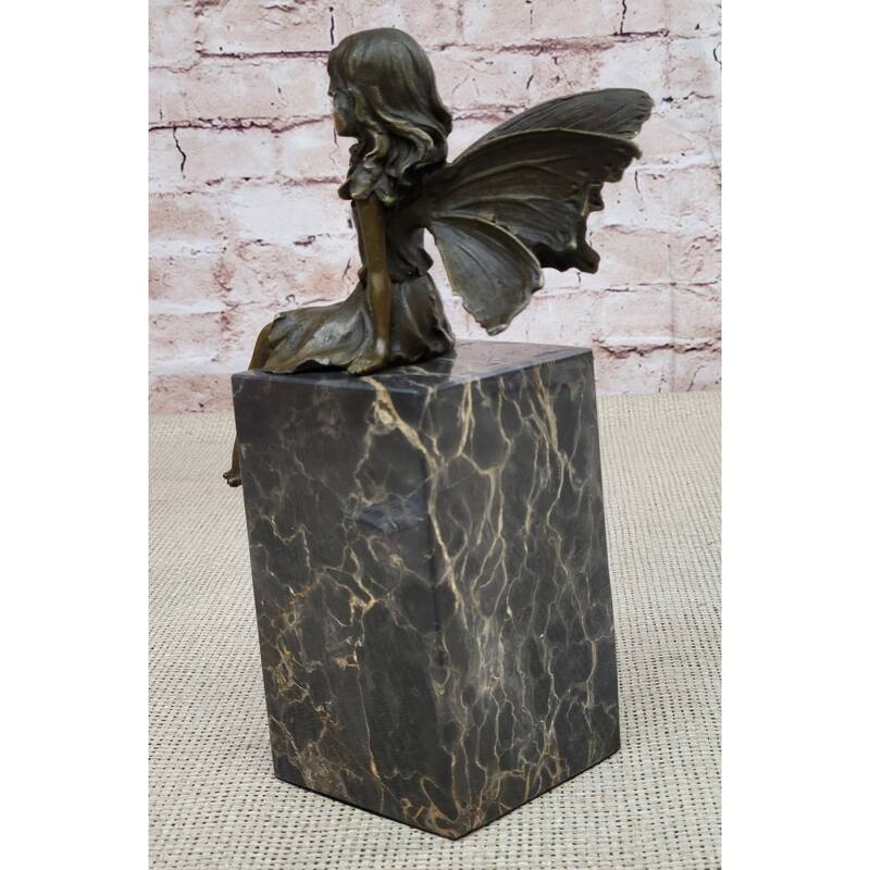 Hot Cast Bronze Sculpture Statue Young Child Fairy Angel Girl Holding Flower Marble Base