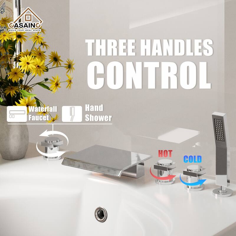 3-Handle Deck-Mount Bathtub Faucet Waterfall Roman Tub Faucet with Hand Shower