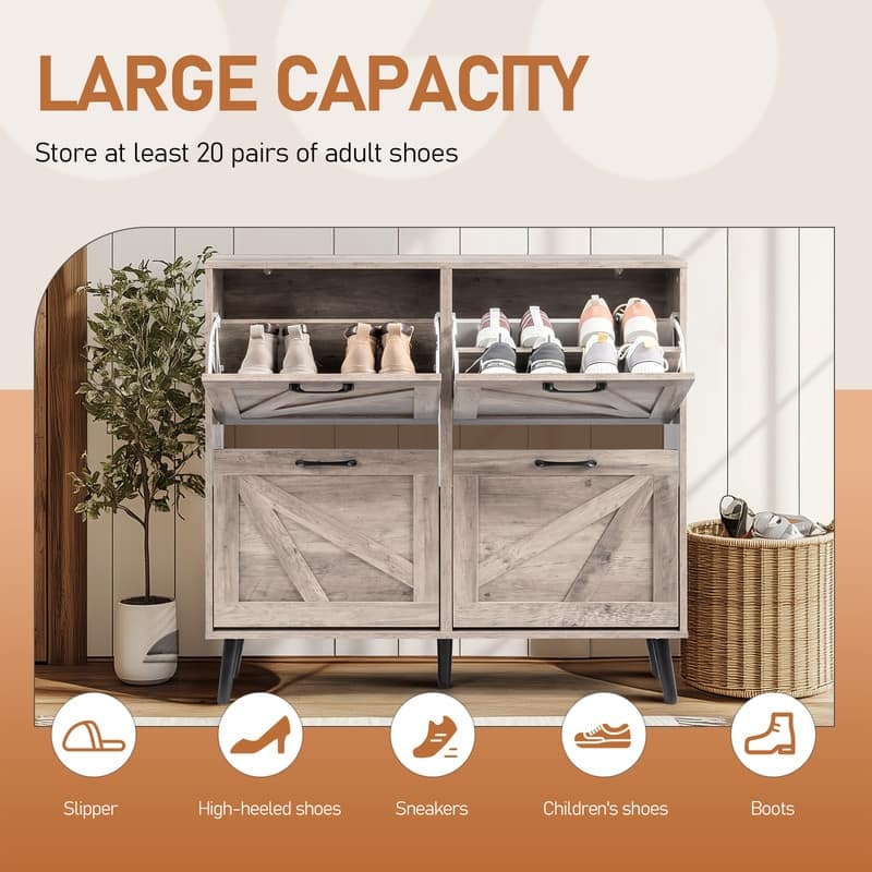 Barn Door 4 Flip Black Handles Melamine Particleboard Shoe Cabinet 41.7In