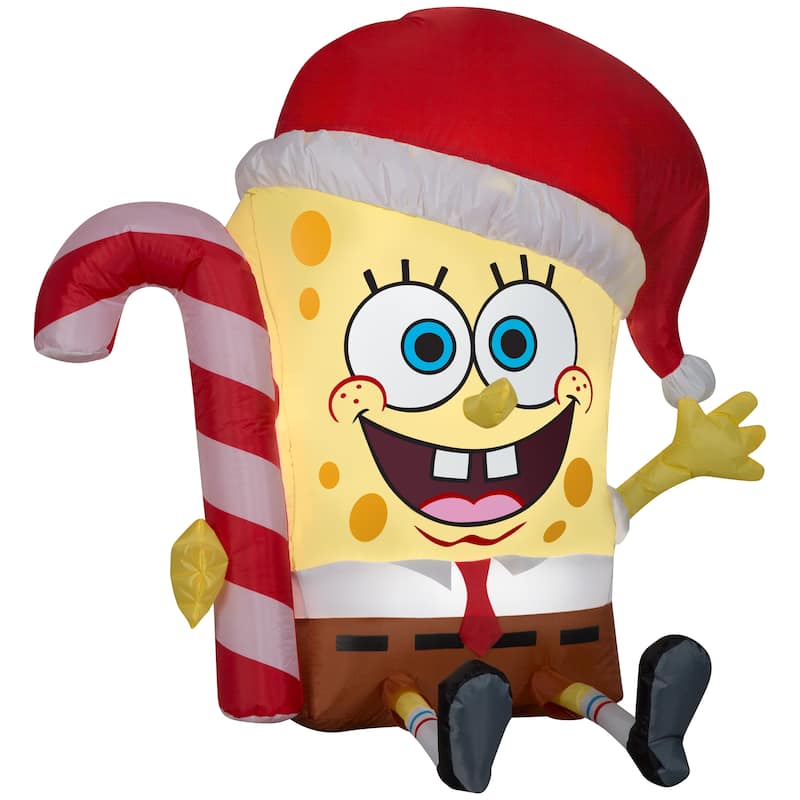 Gemmy Christmas Airblown Inflatable SpongeBob w/Candy Cane Nickelodeon, 3 ft Tall, yellow