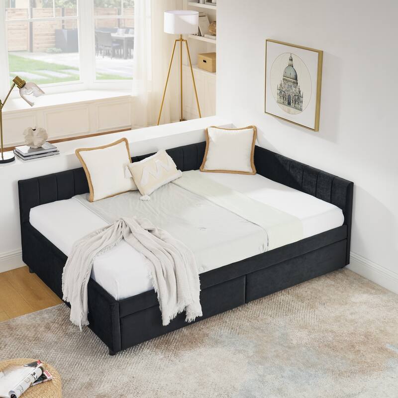 Full Size Upholstered Tufted Bed Frame with Two Drawers, Sofa Bed Frame with Comfortable Backrest and Armrests, Velvet