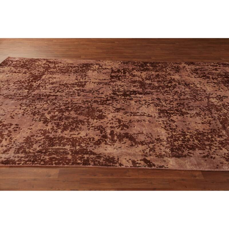 Contemporary Abstract Indian Area Rug Handmade Brown Wool Carpet - 6'8"x 9'10"
