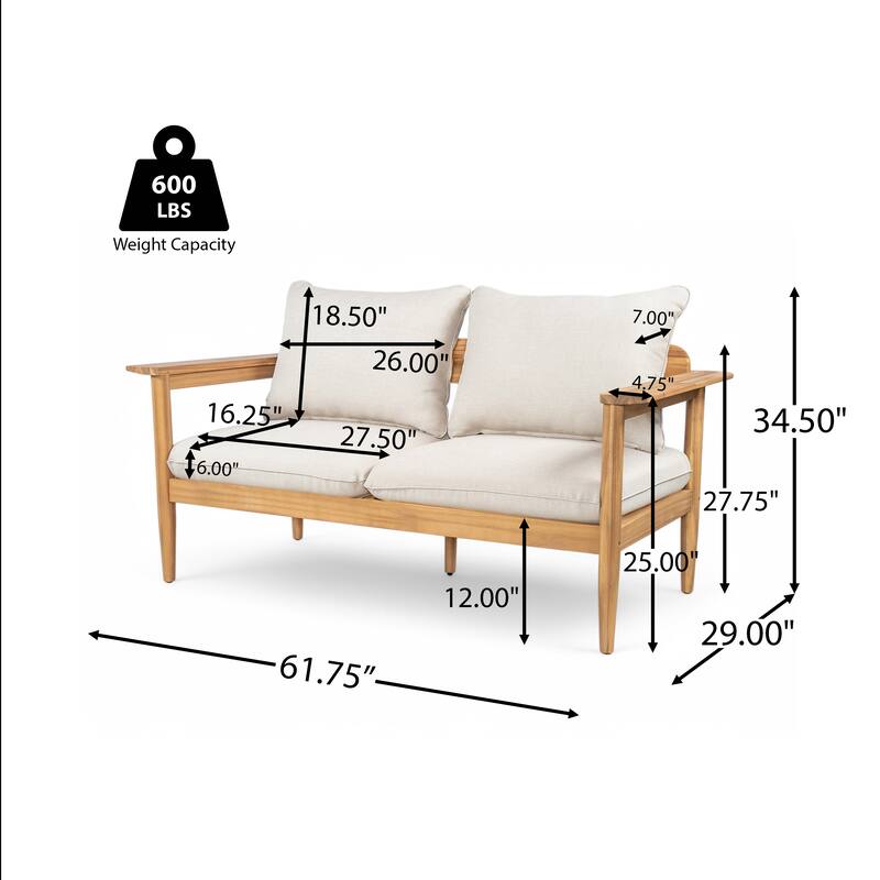 Roomfitters Terassi Outdoor Acacia Wood Loveseat with Wide Armrests, Teak Finish and Beige Cushions