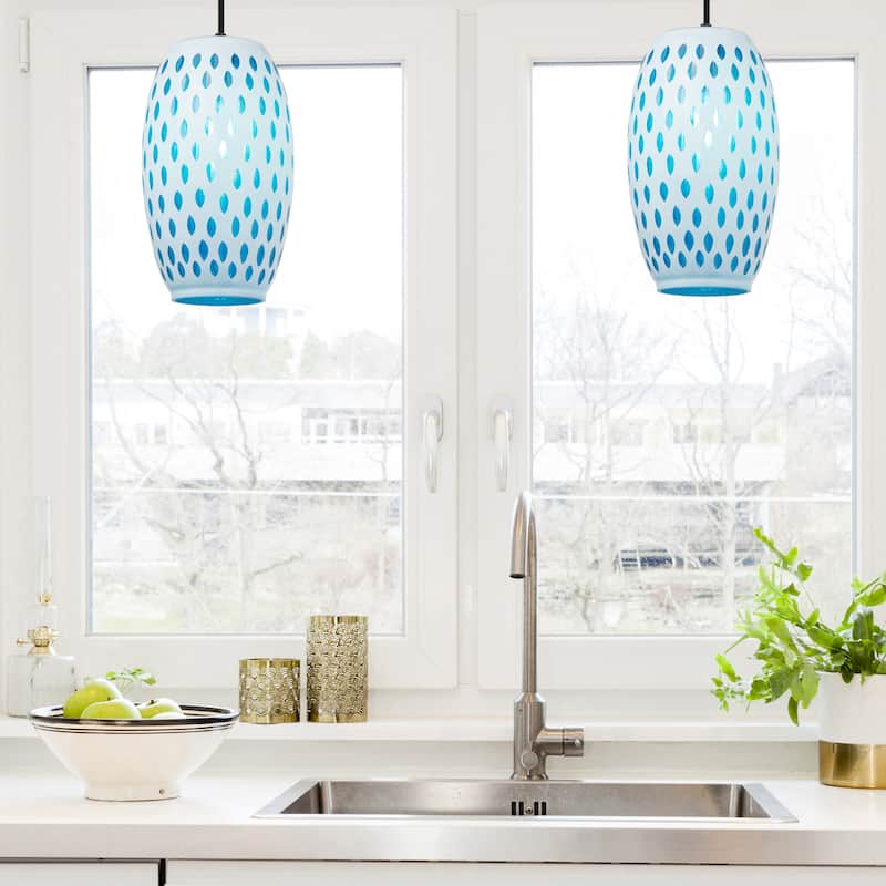 Adriana River of Goods Black Metal and White/Blue Glass 6-Inch Pendant Light with Adjustable Hanging Cord - 6" x 6" x 70.75"