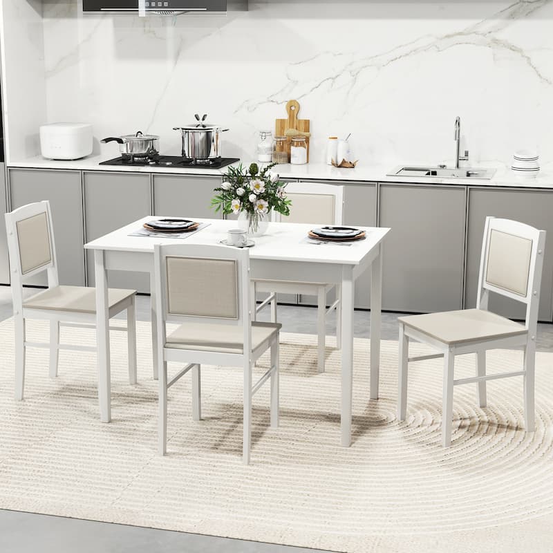 Gymax 5 PCS Dining Table Set for 4 w/Rubber Wood Legs Upholstered Seat