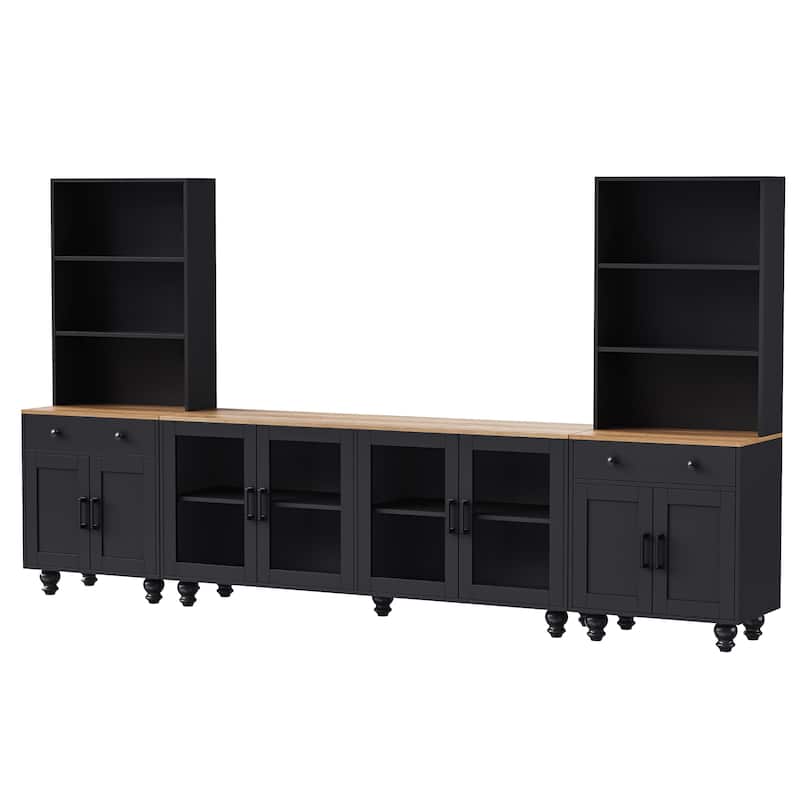 Black + Dark Walnut Farmhouse TV Entertainment Center with Bookshelves & Tempered Glass Doors for TVs Up to 70"