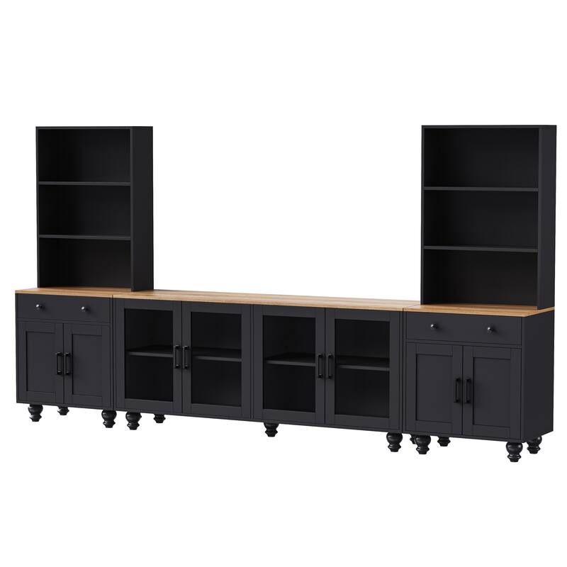 Farmhouse TV Entertainment Center with Bookshelves and Glass Doors for TVs Up to 70"