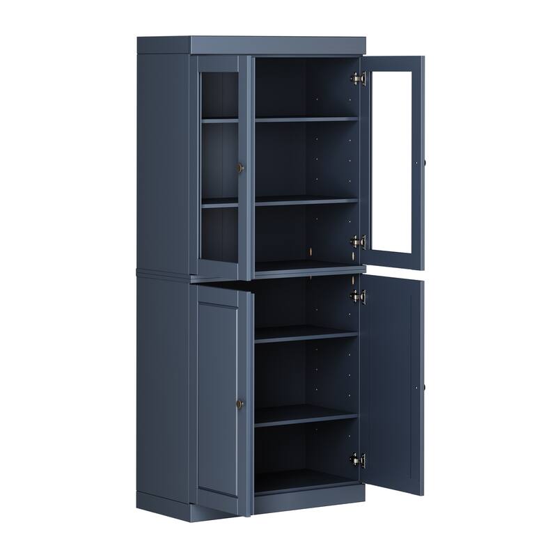 Palace Imports Solid Wood 6-Shelf Bookcase, Raised Panel Clear Glass Doors, Adjustable Shelves