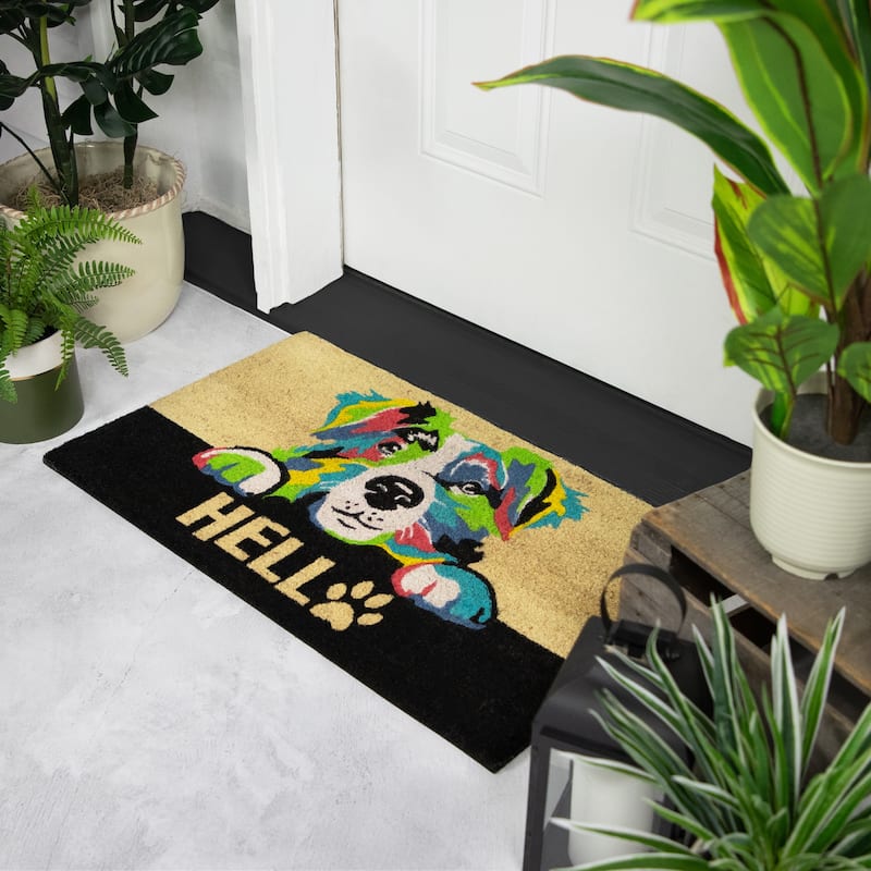 Ivory and Black "Hello" Multicolor Dog Outdoor Coir Doormat 18" x 30" - 18