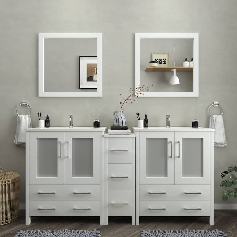 Vanity Art 72" Double Sink Bathroom Vanity Set 7 Dove-Tailed Drawers, 2 Cabinets, 2 Shelves, Soft-Closing Doors with Free Mirror - White