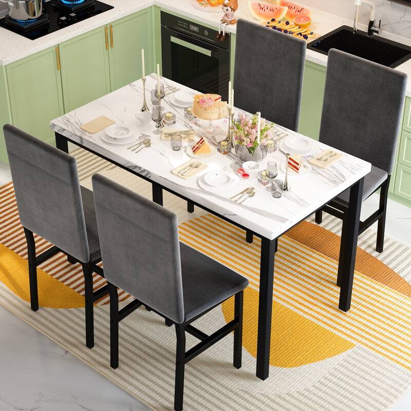 5 Piece Dining Table Set for 4, Kitchen Faux Marble Table Set with Velvet Chairs for Small Spaces, Breakfast Nook, Living Room