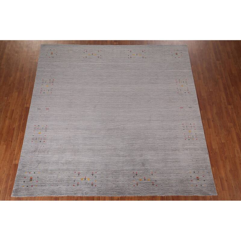 Silver Gray Striped Gabbeh Square Area Rug Handmade Wool Carpet - 9'7"x 9'7"