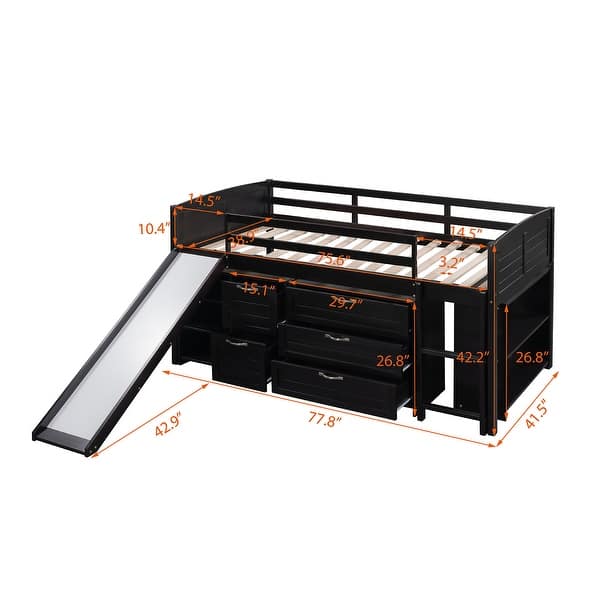 dimension image slide 1 of 12, Twin Size Low Loft Bed with Cabinets,Shelves and Slide for Home