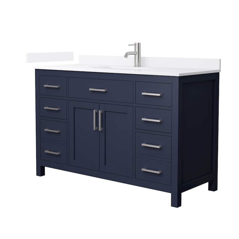 Wyndham Collection WCG2424-54S-QTZ-UNSMXX Beckett 54" Free Standing - Dark Blue / White Quartz Top / Brushed Nickel