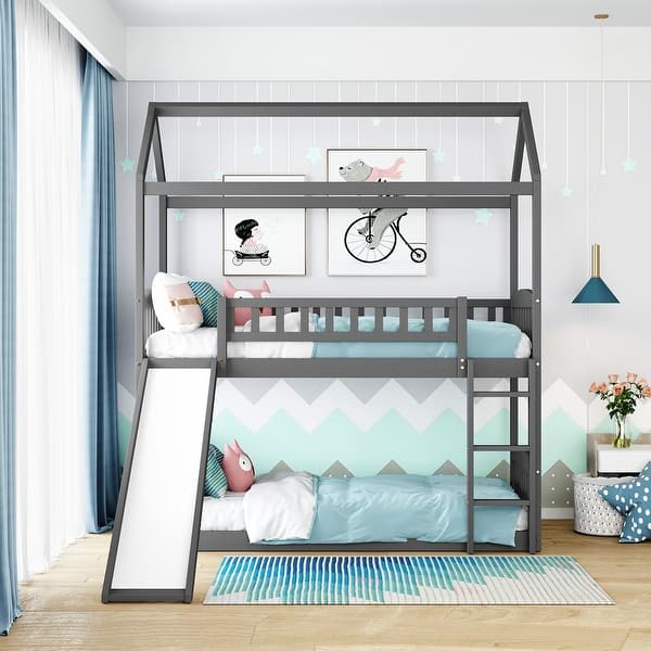slide 2 of 17, House Shaped Twin over Twin Bunk Bed with Slide & Vintage Side Rail, Solid Wood Slats Support, Kids' Bedroom Furniture Grey