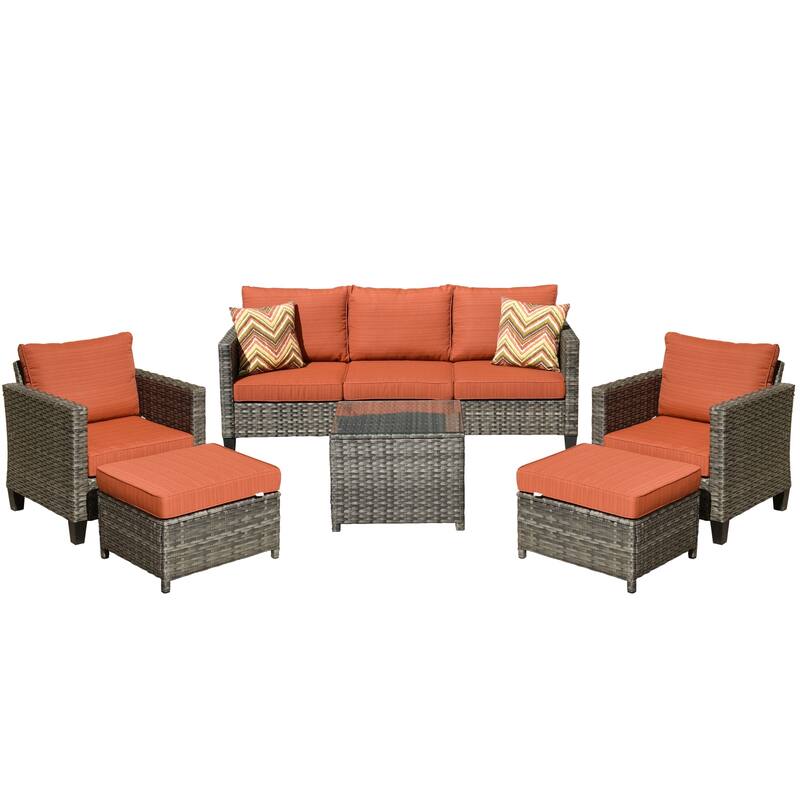 OVIOS 6-piece Outdoor Patio Wicker Conversation Set With Glass-Top Table