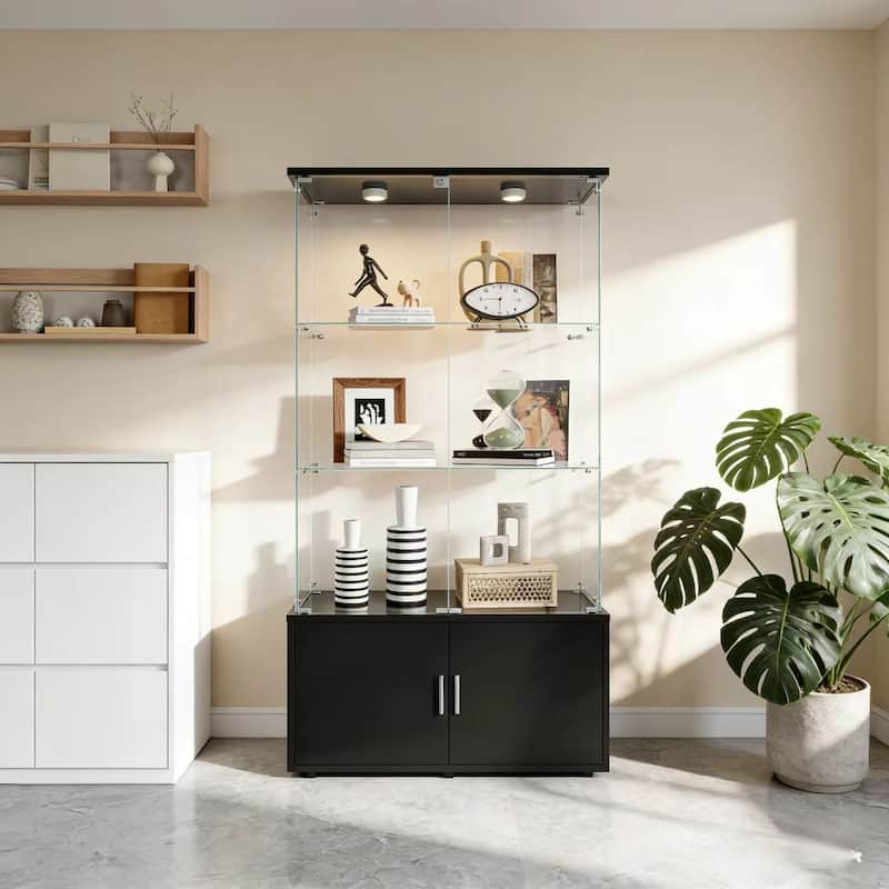 Double-door four-layer cabinet-style storage cabinet,display cabinet,wine cabinet,with remote-controlled lights,adjustable feet