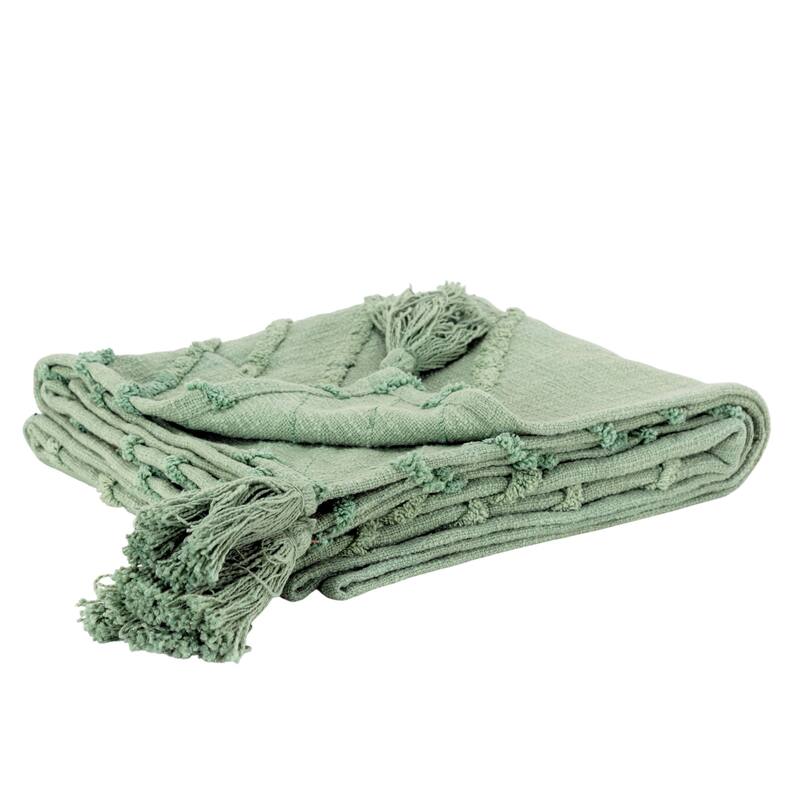 HomeRoots 50" X 60" Green Cotton Woven Geometric Throw Blanket with Tassels