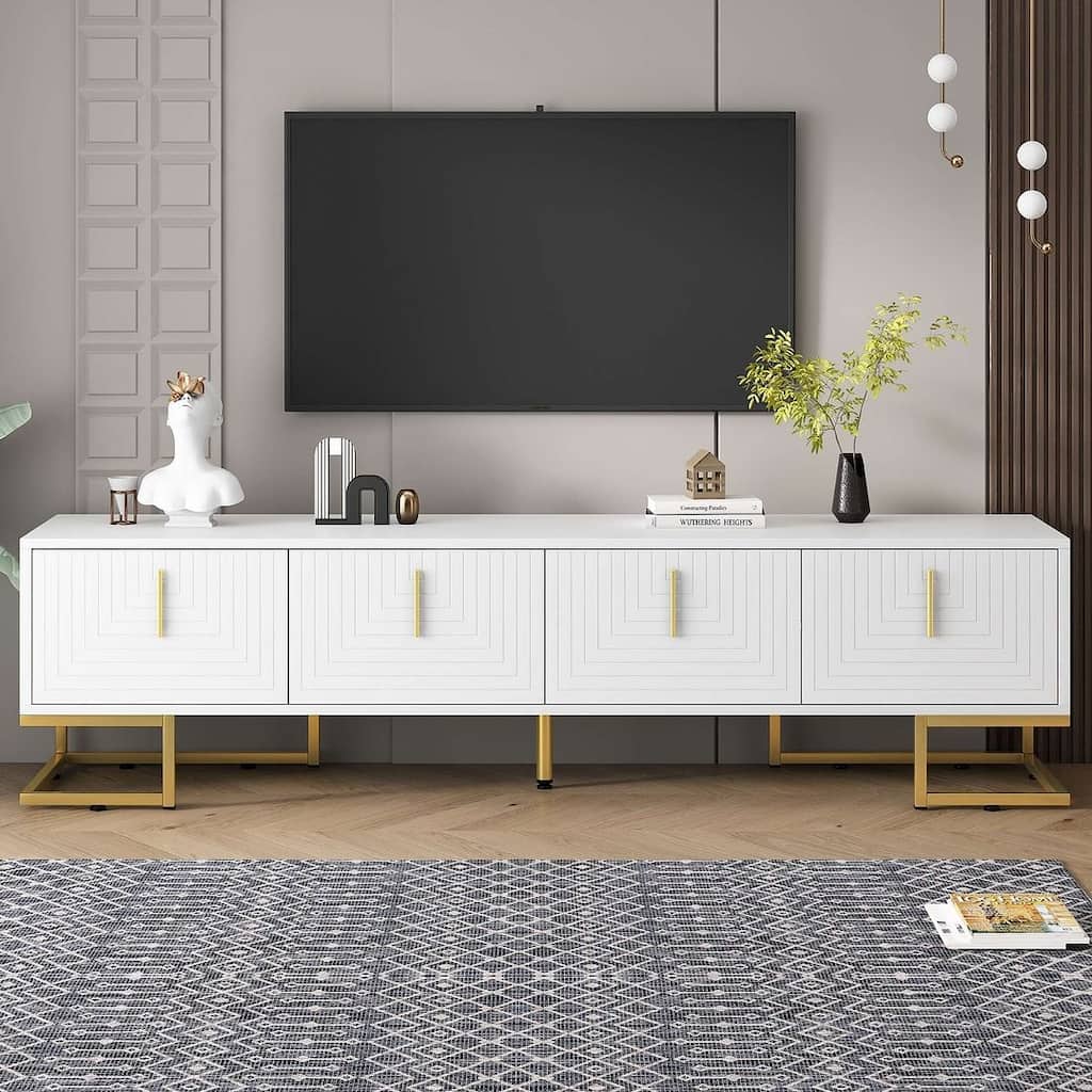 Modern TV Stands with Gold Accents, Fits TVs Up to 80'', White/Black