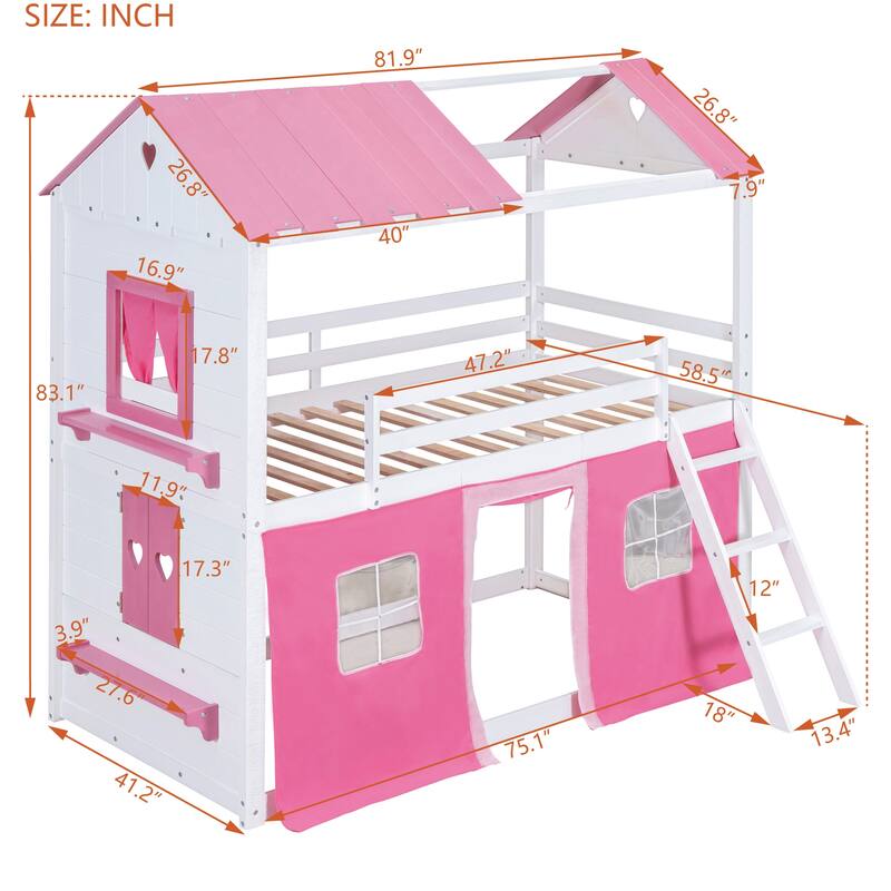 Twin Size Wooden Bunk Bed with Windows and Tent in Pink and White