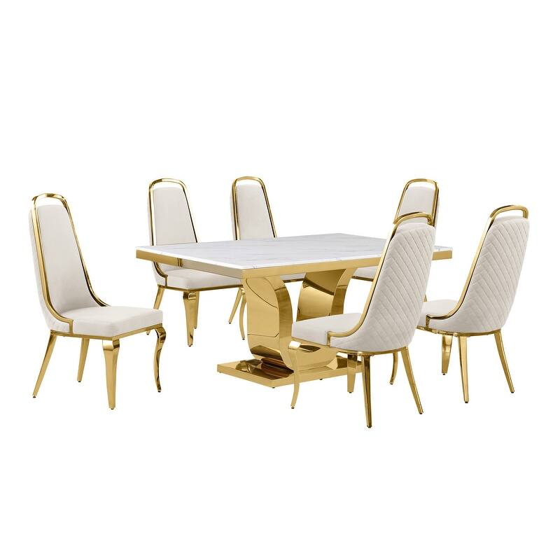 Best Quality Furniture D320-SC314-7 Dining Set with 66" White Marble Top