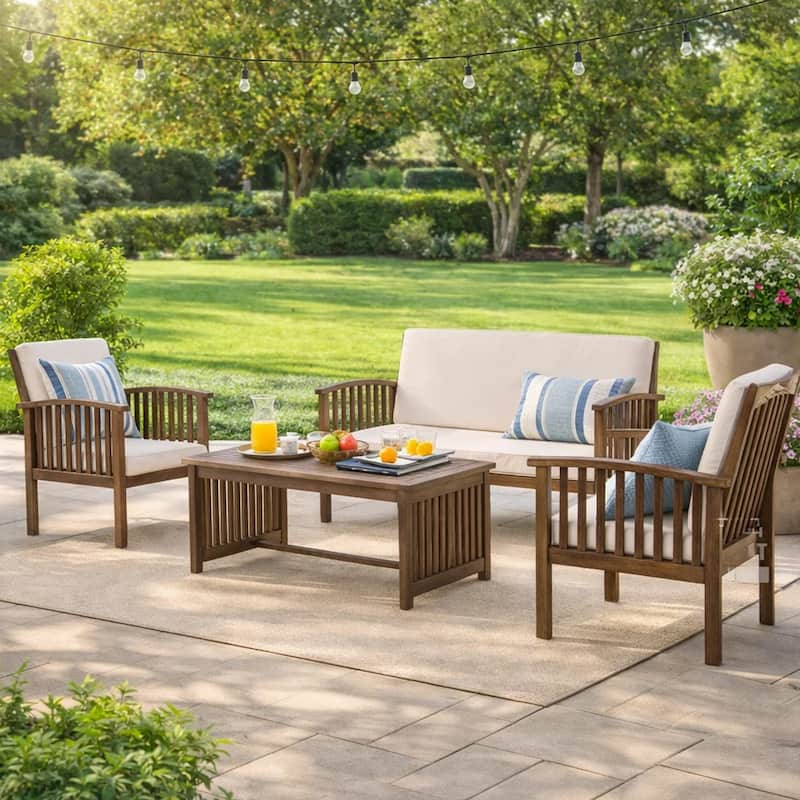 Sayan 4pc Outdoor Coffee Table Set, Loveseat, 2 Chairs, Beige and Gray