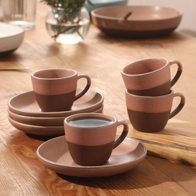 Gibson Elite William Crest 8 Piece Cup & Saucer -3.5oz Espresso Cups, 5.5" Saucers Reactive Stoneware Set
