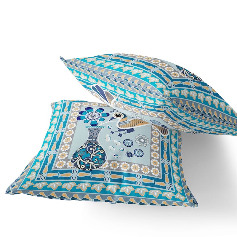 HomeRoots Set of Two 16" X 16" Blue and Gold Peacock Blown Seam Floral Indoor Outdoor Throw Pillow - 16.00' X '16.00' X '5.00