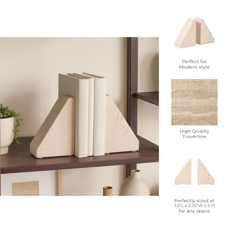 Modern Travertine Triangular Bookends - Decorative Book Ends - 5", Tan - 5.0"