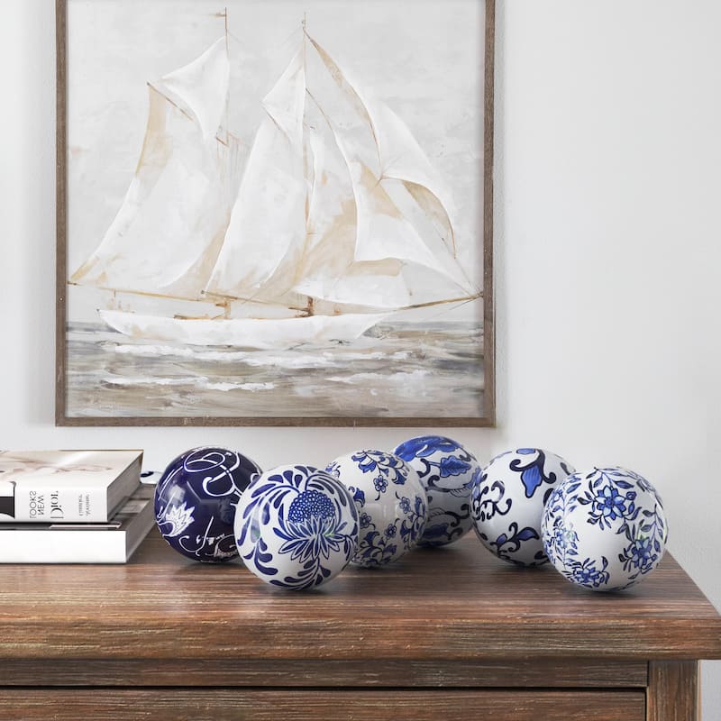 4 Inch Decorative Ball Set of 6 Orbs, Blue And White Printed Porcelain