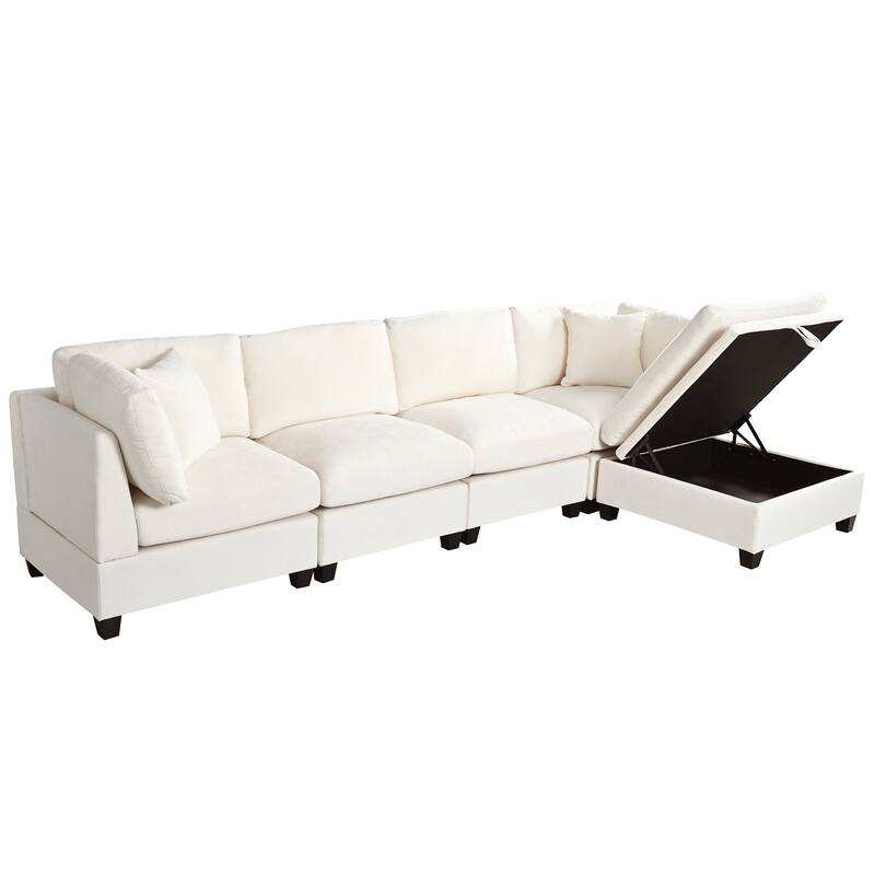 Modular L Shaped Sofa 127.6" Upholstered Sectional Couch with Removable Storage Ottoman 2 Hidden Cup Holders