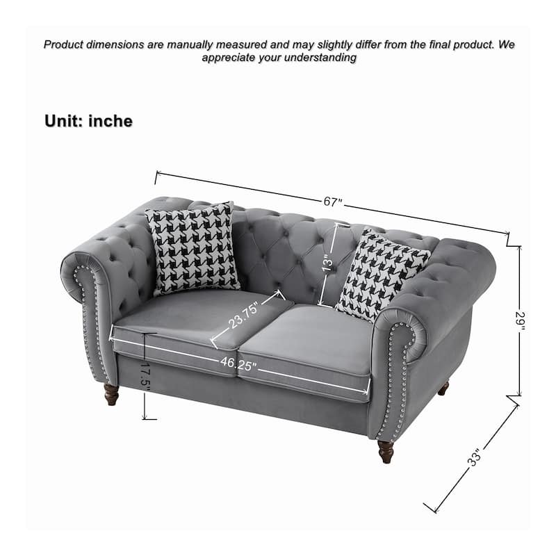 67"Velvet Upholstery Fabric Sofa With Roll Armrest & Nailhead,Upholstered Mid Century Modern Couch,2 Seater Couch