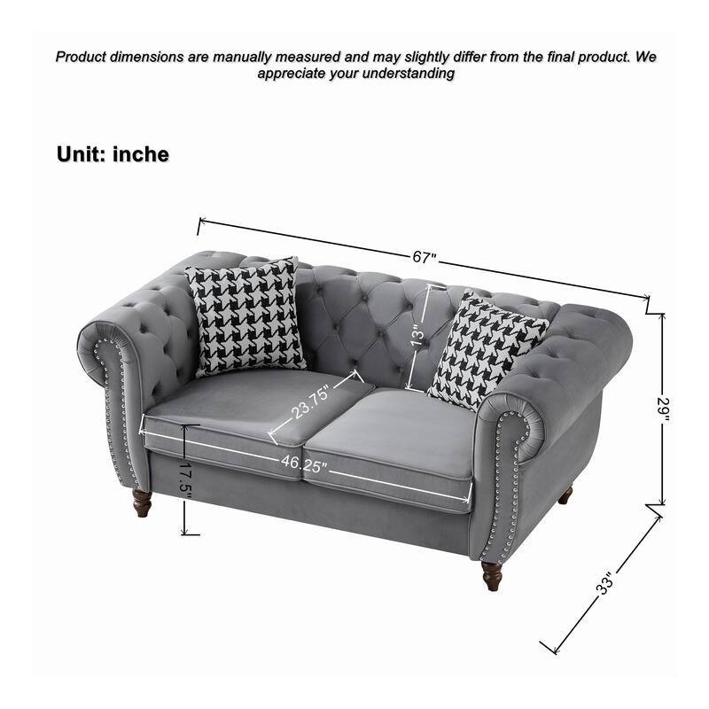 Velvet Chesterfield Sofa Set of 2 with Loveseat and 3 Seater Couch, Deep Seat Tufted Sofas with Nailhead Trim and Rolled Arms